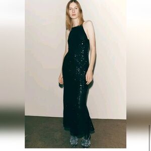 Zara * sequin long dress  gown black midi maxi, S